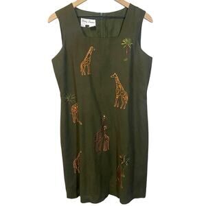 Vintage Linen Blend Moss Green Embroidered Safari Giraffe Sheath Dress Sz 8